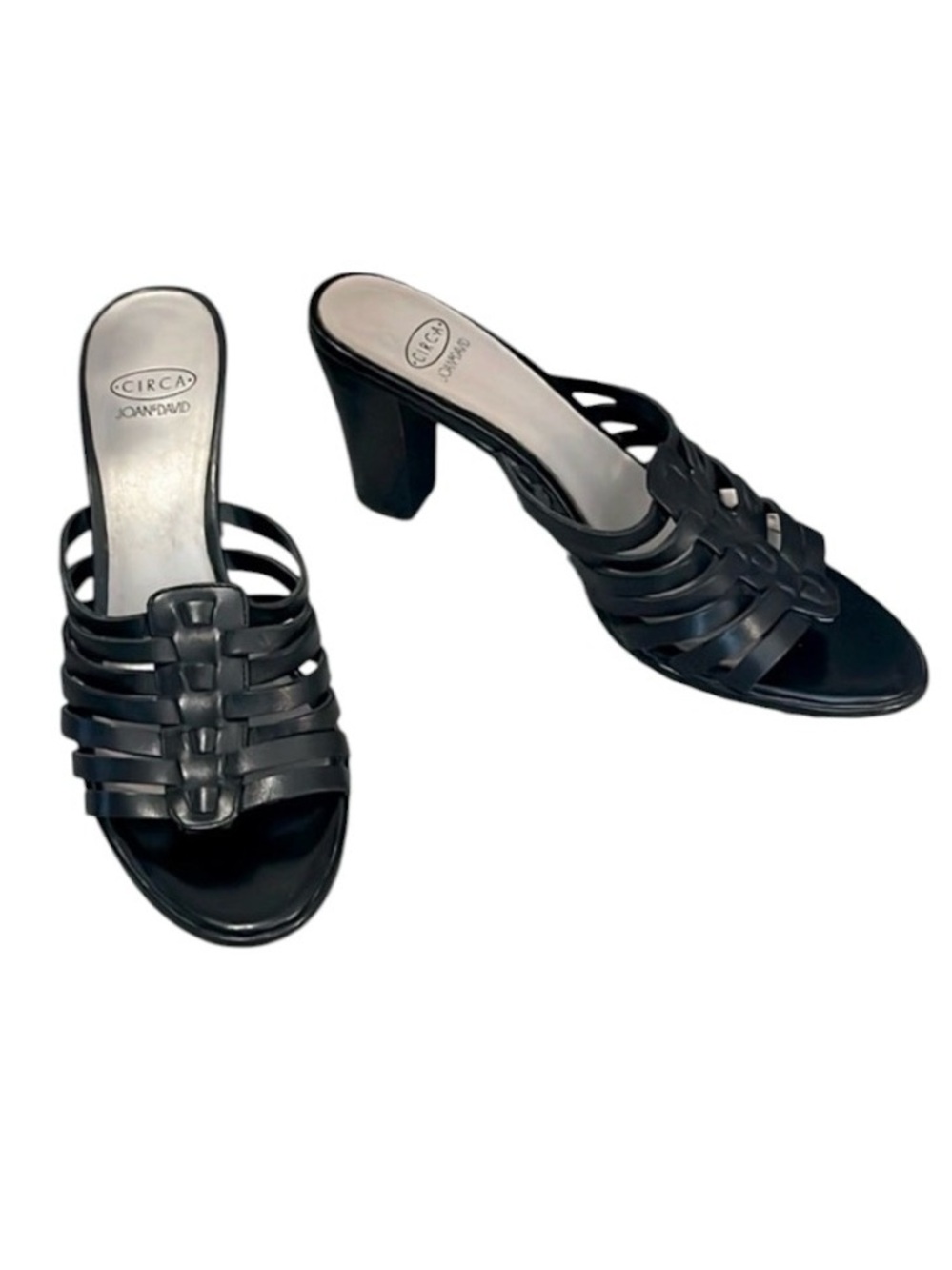 Circa Joan & David Womens Black Leather Woven Mule Sandals Heels Sz 7.5